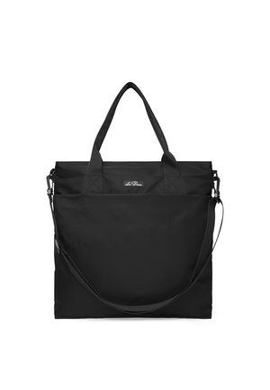 Black tote bag made of durable fabric, featuring dual top handles and an adjustable shoulder strap, with a minimalist design.