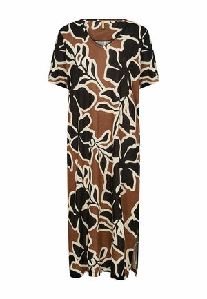 Brūnas krāsas midi kleita ar lielu melnu un baltu ziedu rakstu, īsām piedurknēm, V veida izgriezumu un sānu šķēlumu.