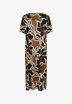 Pruun midi kleit musta ja valge suure lillekujundusega, lühikeste varrukatega, V-kaelusega ja küljeäärtega lõhikuga.