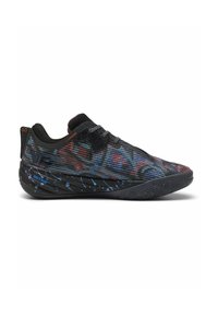 Scarpe da ginnastica con tomaia in mesh nera caratterizzata da motivi di spruzzi colorati, suola in gomma e lacci elastici per una vestibilità sicura.