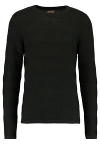 Pull vert en maille avec manches longues, présentant un motif rayé texturé et un col rond. Matériau doux et poignets côtelés.