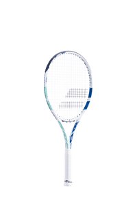 Tennisketsjer med en hvid og blå ramme, oval hoved og en tekstureret hvid greb. Har et gittermønster på strengene og et mærkelogo.