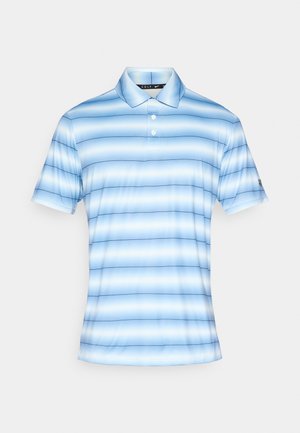 Hele sinine poloshirt horisontaalsete triipudega erinevates toonides. Varustatud krae, kolme nupu ja lühikeste varrukatega. Sile, sünteetiline materjal.