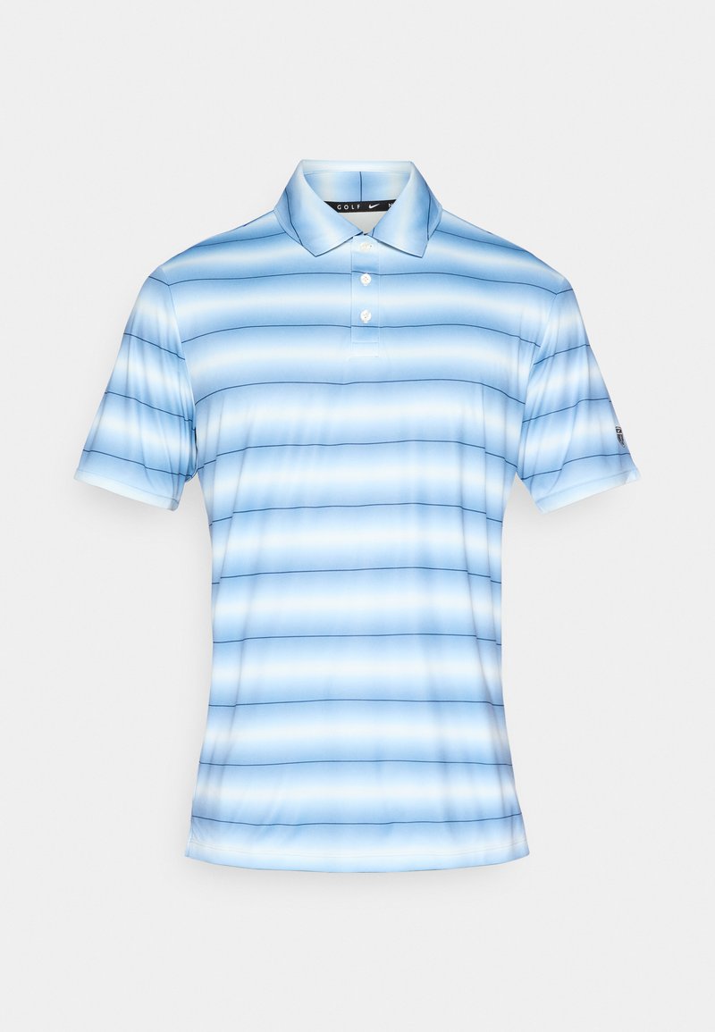 Hellblaues Poloshirt mit horizontalen Streifen in verschiedenen Schattierungen. Mit Kragen, drei Knöpfen und kurzen Ärmeln. Glattes, synthetisches Material.