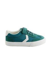 Sneakers in tela verde acqua con dettagli bianchi, design con lacci, suola in gomma e tomaia testurizzata. Dotate di una fascia in Velcro per un facile utilizzo.