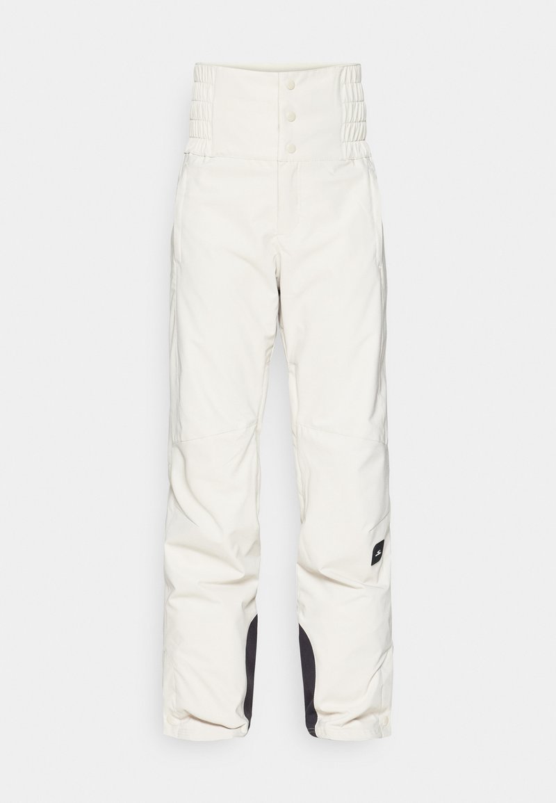 Białe spodnie narciarskie z wysokim, marszczonym pasem, dwiema przednimi kieszeniami i czarnymi akcentami na mankietach. Wykonane z gładkiego, odpornego na pogodę materiału.