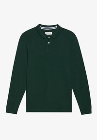 Dlouhý rukáv polo triko v tmavě zelené barvě, vyrobené z bavlny, s klasickým límcem, zapínáním na tři knoflíky a pruhovaným detailem na vnitřním límci.