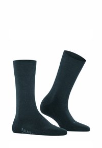 Ciemnoszare skarpetki bawełniane z dodatkiem tworzywa sztucznego, z prążkowanym mankietem, sięgające do połowy łydki, z wzmocnionym palcem, z małym logo w jaśniejszym odcieniu.