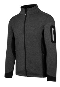 Grau Fleece-Jacke mit hohem Kragen, Reißverschluss vorne und schwarzen Akzenten an den Ärmeln. Verfügt über zwei Seitentaschen und eine mit Reißverschluss versehene Ärmeltasche.