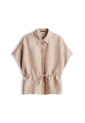 Beige linnen overhemd met korte mouwen, kraag, knopen aan de voorkant en verstelbare trekkoord in de taille, plat liggend op een witte achtergrond.