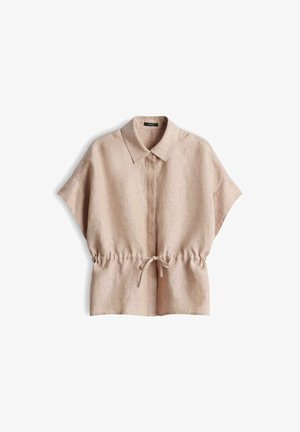 Beige linnen overhemd met korte mouwen, kraag, knopen aan de voorkant en verstelbare trekkoord in de taille, plat liggend op een witte achtergrond.
