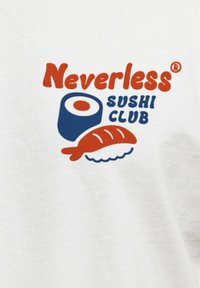 White fabric features "Neverless" in red and "Sushi Club" in blue, alongside graphics of a sushi roll and fish on a contrasting background.