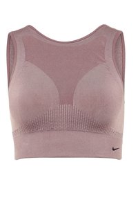 Nike sportsbh, blød mauve farve, sømløs design, tekstureret detalje i bunden, rund udskæring, og logo i sort på siden.
