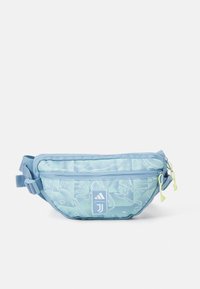 Light blue waist bag with a textured pattern, featuring a zip closure, adjustable strap, and yellow accent drawstrings. Logo displayed on front.