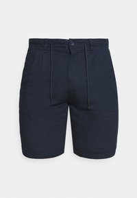 Marineblauwe shorts van geweven stof, met een tailleband met trekkoord, een geplooide voorkant en een klassieke snit met rechte pijpen.
