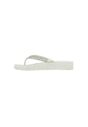 White flip-flop sandal with a braided texture. The strap features a row of sparkling embellishments, adding a decorative element.