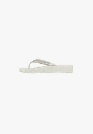White flip-flop sandal with a braided texture. The strap features a row of sparkling embellishments, adding a decorative element.