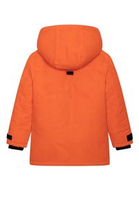 Veste à capuche orange avec une texture lisse, présentant des accents en velcro noir sur les manches et un design arrière épuré et minimaliste.