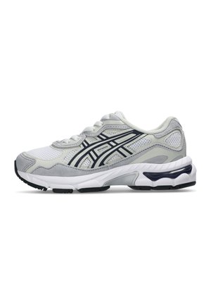 White and gray running shoe with black logo stripes, cushioned sole, mesh upper, and lace-up closure shown from the side on white background.