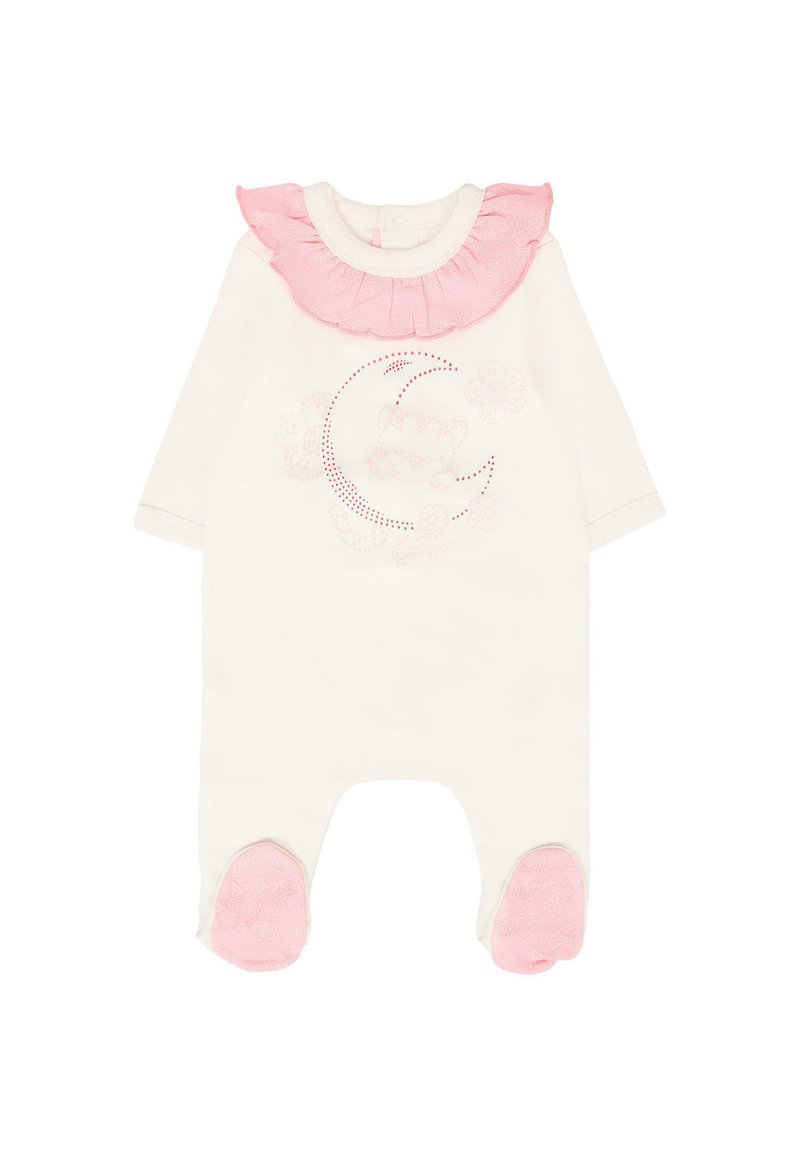 Ensemble d'une pièce blanc avec un col froncé rose, un motif floral et des accents à pois. Comprend un design avec des pieds et des semelles roses.