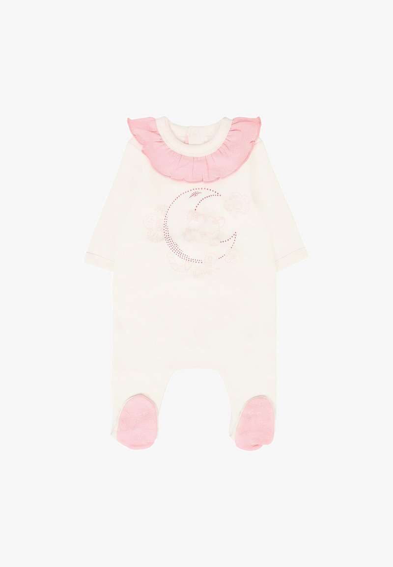 Ensemble d'une pièce blanc avec un col froncé rose, un motif floral et des accents à pois. Comprend un design avec des pieds et des semelles roses.