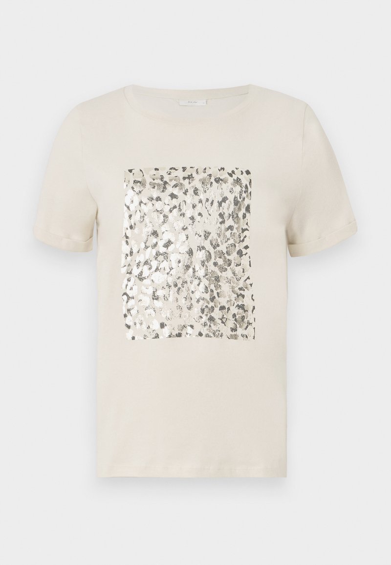 Camiseta de manga corta beige con un gráfico cuadrado de estampado animal plateado en el centro. Material de algodón suave, escote redondo clásico.
