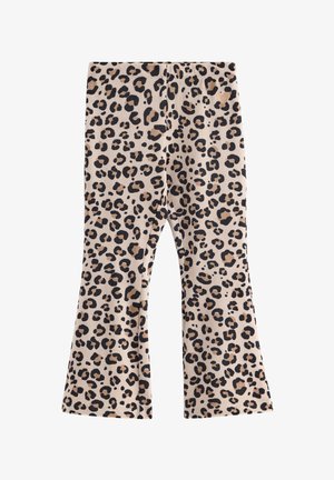 Pantaloni a zampa d'elefante con stampa leopardata in beige con macchie nere e marroni. Tessuto morbido, vita elasticizzata e dettaglio a forma di cuore sul retro.