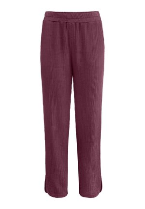 Pantaloni borgogna a vestibilità ampia, texture lavorata, con vita elastica e piccoli spacchi laterali all'orlo, presentati su uno sfondo bianco.