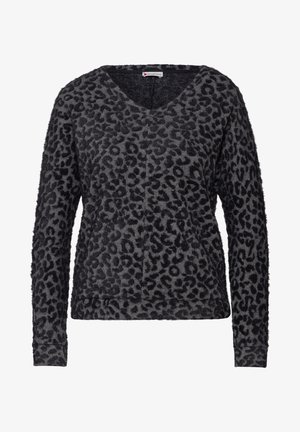 Zwarte en grijze luipaardprint trui met een V-hals, lange mouwen, een zachte textuur en een relaxed fit met een voorzak.