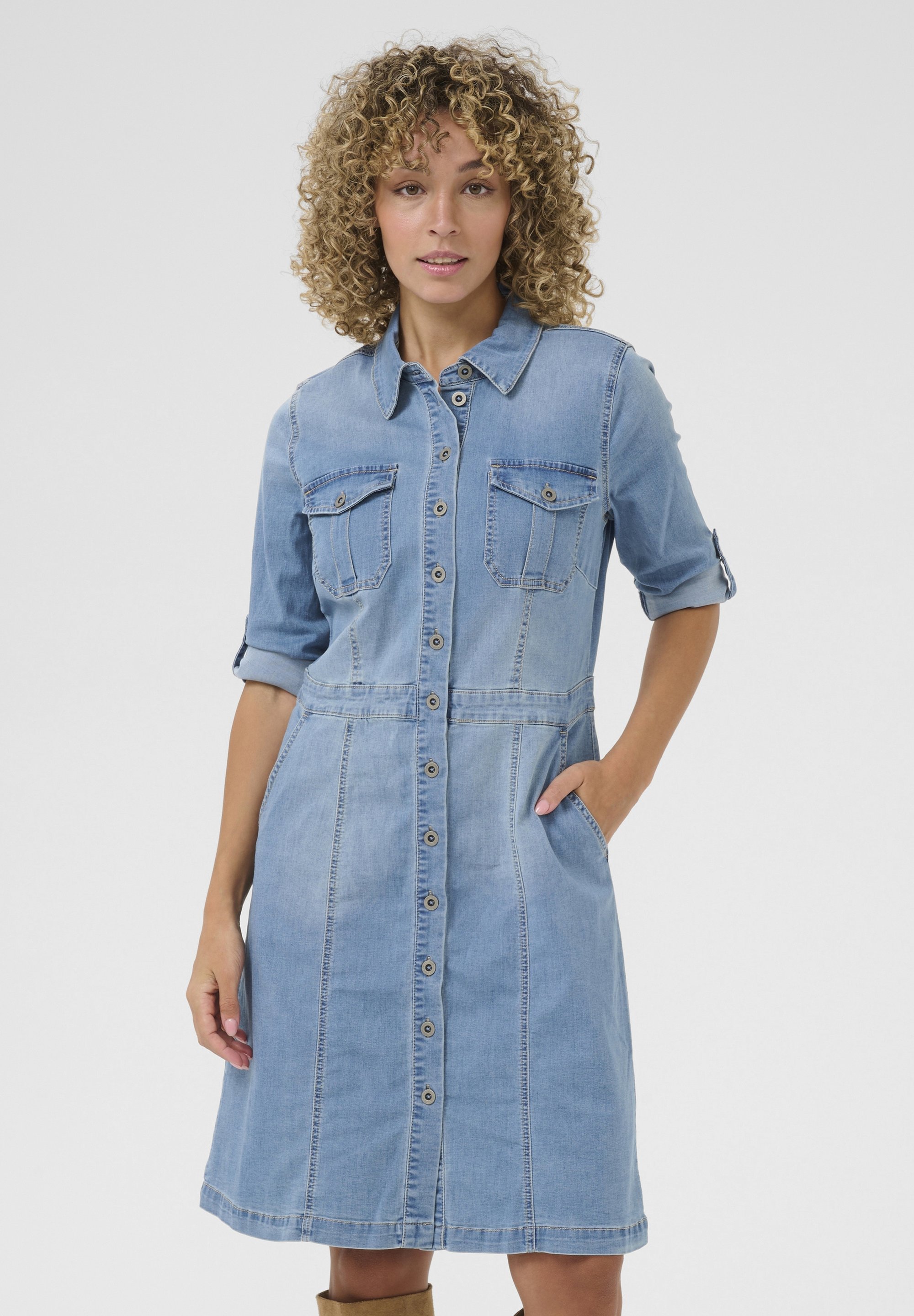 Robe Chemise En Denim Pour Femme - Manches Retroussées, Col Boutonné, Style Mini Midi