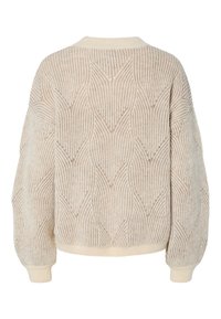 Suéter de punto beige y marrón claro con un patrón de diamante acanalado, mangas largas y puños acanalados, mostrado desde la parte posterior.