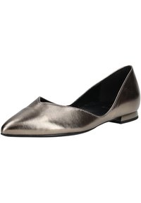 Metallic bronze flat shoe with a pointed toe, low heel, and smooth texture. Features a minimalistic design and black interior lining.