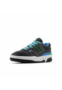 Black leather sneaker with blue accents, featuring a textured design, white midsole, and contrasting green details on the heel and logo.