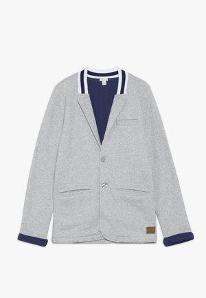 Blazer casual gris claro con dos bolsillos frontales, dos botones, forro interior azul marino y detalles a rayas en el cuello.