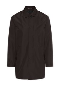 Ciemnobrązowy, wodoodporny płaszcz z kołnierzem typu stójka, zapięciem na guziki i bocznymi kieszeniami. Gładka faktura i dopasowany krój z minimalnymi detalami szwów.