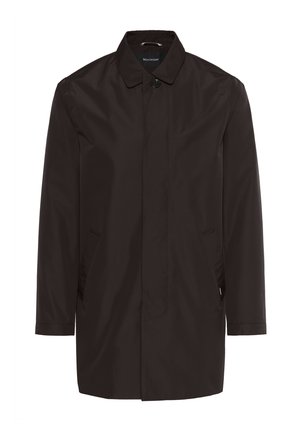 Cappotto impermeabile marrone scuro con colletto rialzato, chiusura con bottoni e tasche laterali. Texture liscia e vestibilità sagomata con dettagli di cuciture minimi.