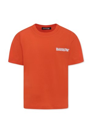 Pomarańczowa bawełniana koszulka z okrągłym dekoltem i krótkimi rękawami. Na klatce piersiowej znajduje się białe logo "BARROW". Gładka tekstura, regularny krój.
