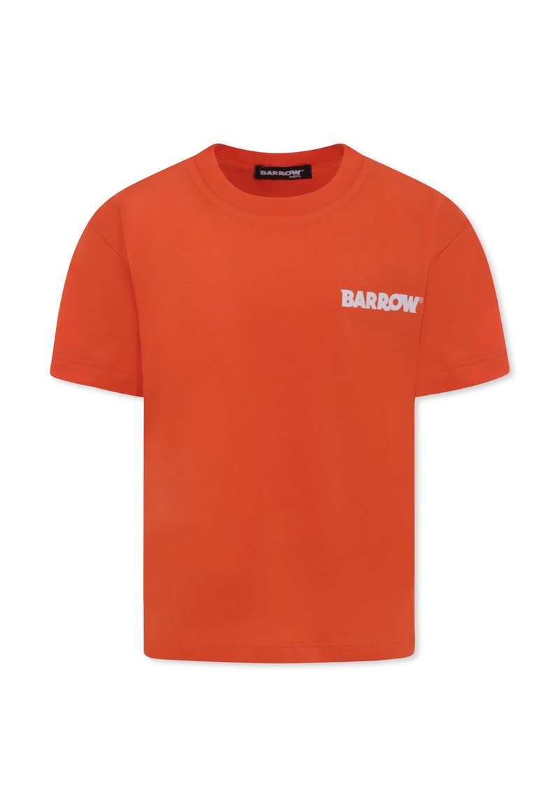 Oranje katoenen t-shirt met een ronde hals en korte mouwen. Heeft een witte "BARROW" logo op de borst. Gladde textuur, normale pasvorm.