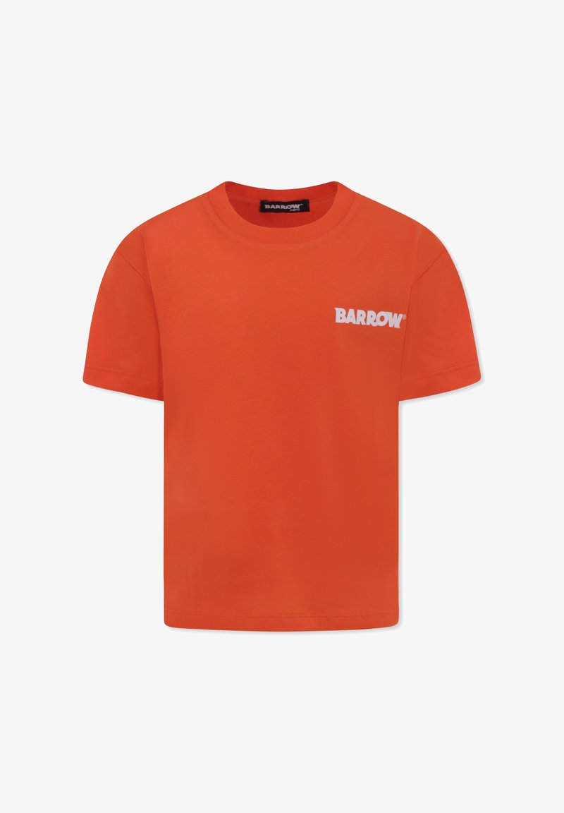 Pomarańczowa bawełniana koszulka z okrągłym dekoltem i krótkimi rękawami. Na klatce piersiowej znajduje się białe logo "BARROW". Gładka tekstura, regularny krój.