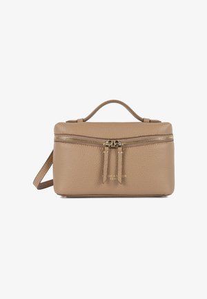 Petit sac à main rectangulaire en cuir beige avec poignée supérieure, fermeture éclair dorée et bandoulière amovible.