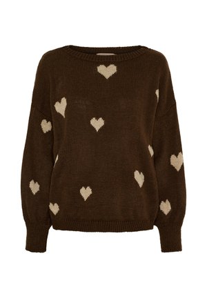 Brun strikket sweater med afslappet pasform, rund halsudskæring og cremegule hjerte mønstre spredt over hele. Blød tekstur.
