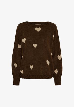 Brun strikket sweater med afslappet pasform, rund halsudskæring og cremegule hjerte mønstre spredt over hele. Blød tekstur.