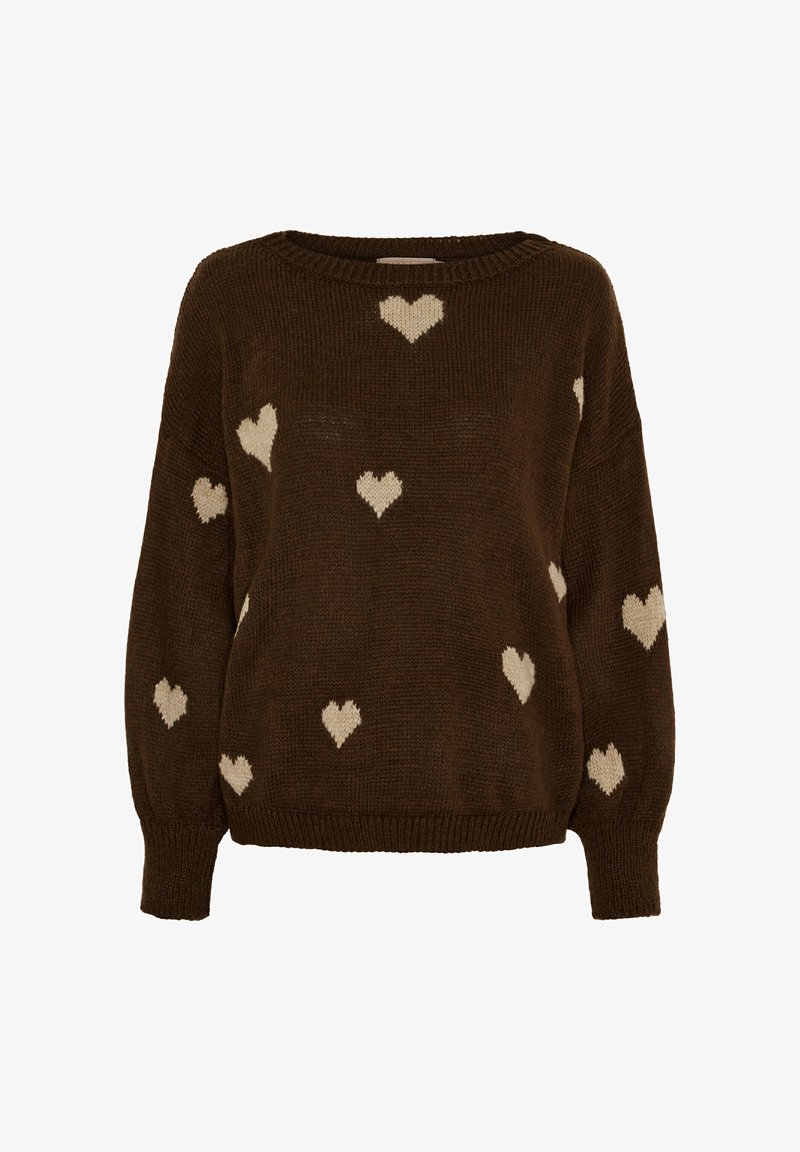 Brun strikket sweater med afslappet pasform, rund halsudskæring og cremegule hjerte mønstre spredt over hele. Blød tekstur.