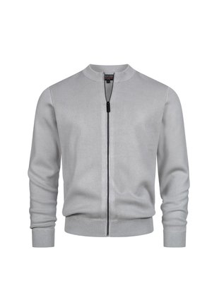 Lichtgrijze lange mouwen ritsjack met ribbelkraag, manchetten en zoom, weergegeven op een witte achtergrond.