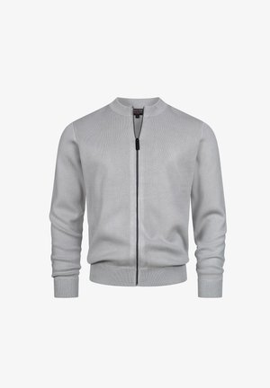 Lichtgrijze lange mouwen ritsjack met ribbelkraag, manchetten en zoom, weergegeven op een witte achtergrond.