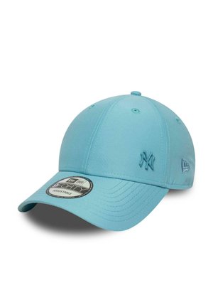 A light blue, adjustable baseball cap with a rounded crown, featuring a raised embroidered logo on the front and a flat brim.