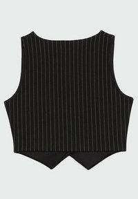 Schwarzes Weste-Top mit vertikalen weißen Nadelstreifen, ausgestattet mit einem hohen Ausschnitt und einem einzigartigen spitz zulaufenden Saum am Rücken. Glatt texturierter Stoff.
