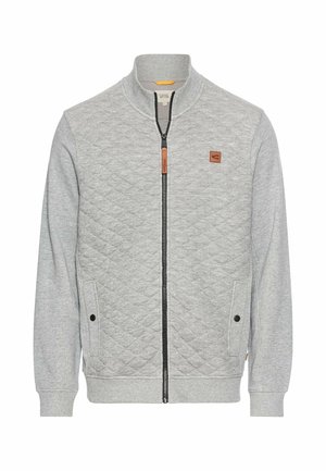 Grijze, gewatteerde sweatshirtjack met een hoge kraag, ritssluiting aan de voorkant, zijzakken en een lederen accentpatch. Soepele textuur en casual ontwerp.