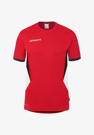 Rotes Sportshirt mit kurzen Ärmeln, schwarzen und weißen Seitenpaneelen, schwarzem Ärmelsaum und weißem "uhlsport"-Logo auf der Brust.