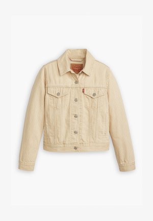 Veste en denim rayée beige avec deux poches sur la poitrine, boutons en métal et coupe courte. Présente des coutures visibles et un col classique.
